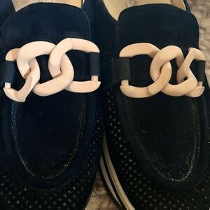 Softwaves Size 40 black  backless slides  suede with Matt gold buckle.